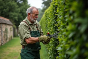 Jardinier expérimenté taillant une haie de buis géométrique avec un sécateur manuel dans un jardin de campagne français