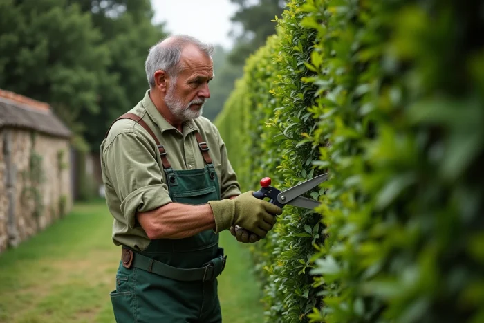 Jardinier expérimenté taillant une haie de buis géométrique avec un sécateur manuel dans un jardin de campagne français