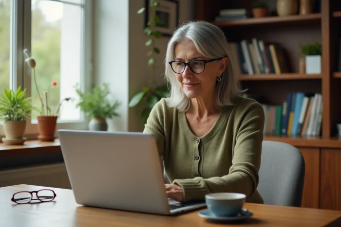 Femme cherchant les partenaires optiques agréés Crédit Mutuel sur ordinateur depuis son domicile