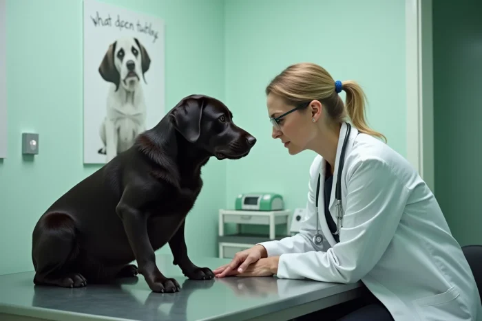 Vétérinaire examinant un labrador apathique lors d'une consultation pour suspicion de dysthymie chez le chien