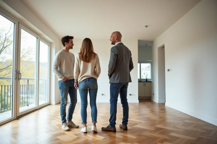Couple visitant un appartement vide avec un agent immobilier lors d'une visite de location