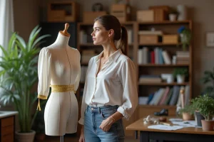 Femme confiante devant un mannequin de couture dans un atelier